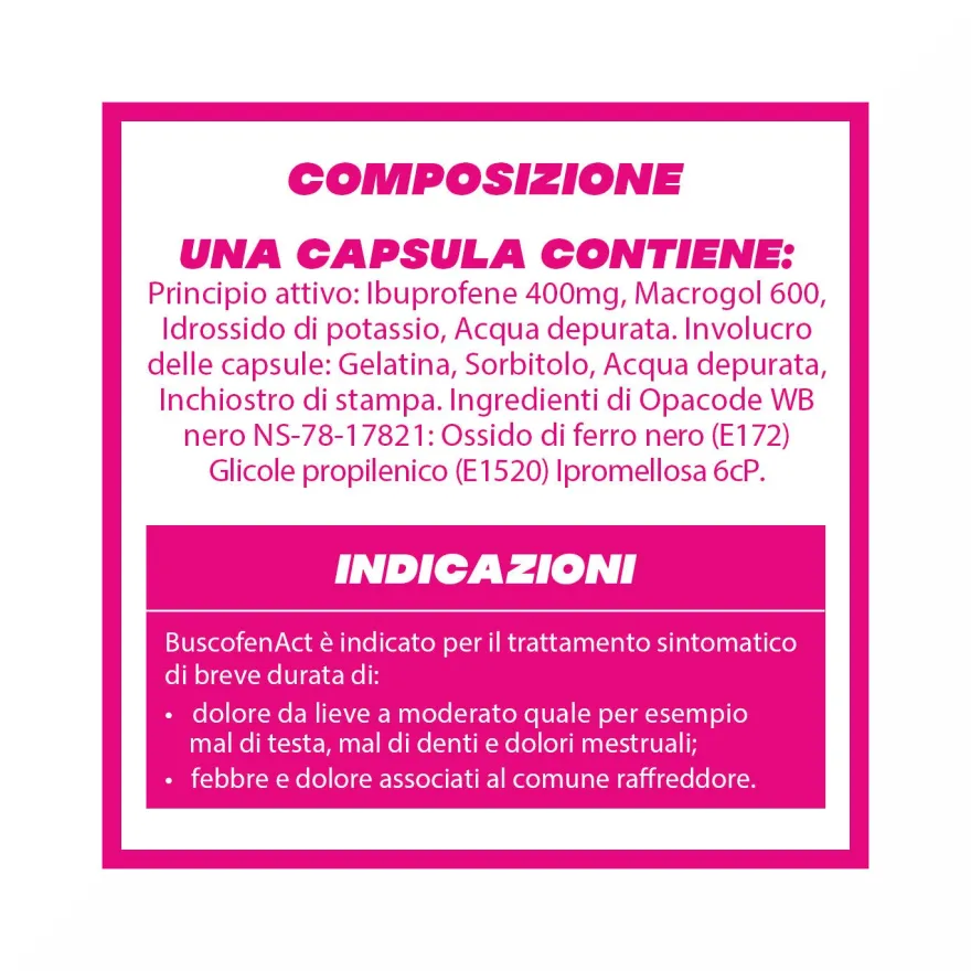 BuscofenAct 400 mg Con Ibuprofene Analgesico Contro Dolori Forti Da Ciclo 12 Capsule Molli