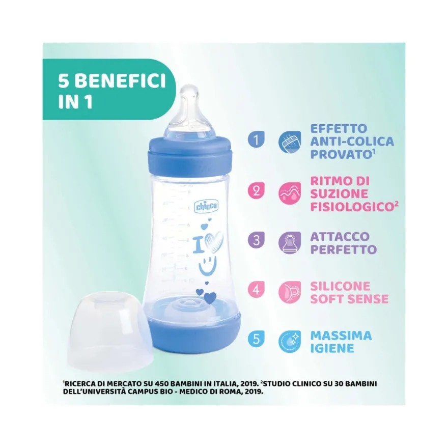 Chicco Biberon Neonato Perfect 5 Biberon Azzurro Flusso Medio 240 ml 2Mesi+
