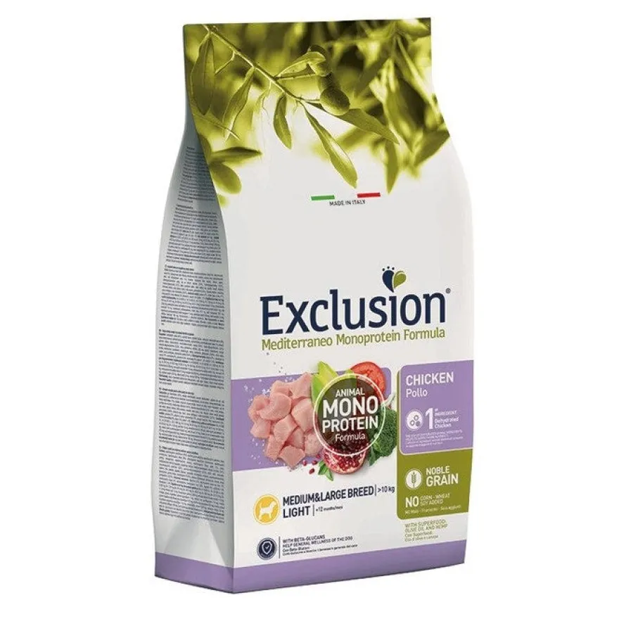 Exclusion Mediterraneo Monoprotein Noble Grain Crocchette Pollo Light Per Cani Sacco 12kg