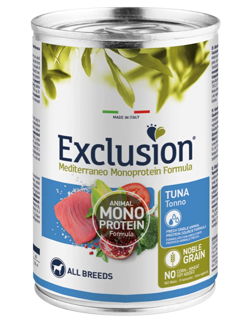 Exclusion Mediterraneo Monoprotein Noble Grain Umido Al Tonno Per Cani Lattina 400gr