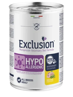Exclusion Monoprotein Veterinary Diet Formula Hypoallergenic Umido Quaglia/Piselli Per Cani Adulti Lattina 400g