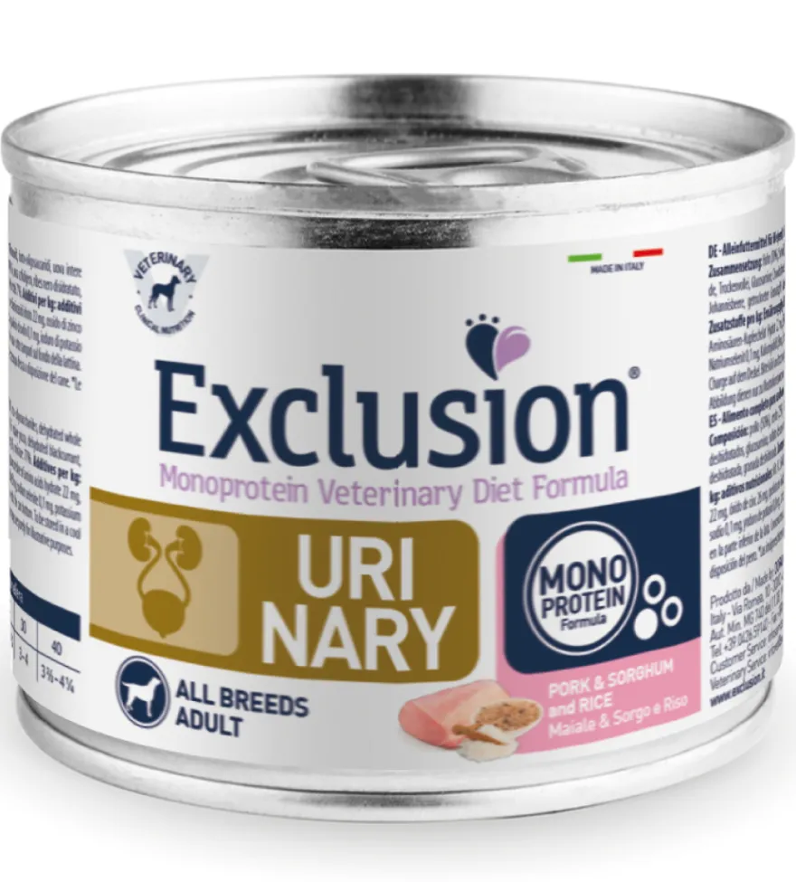 Exclusion Monoprotein Veterinary Diet Formula Urinary Cibo Umido Sorgo/Suino/Riso Per Cani Lattina 200g