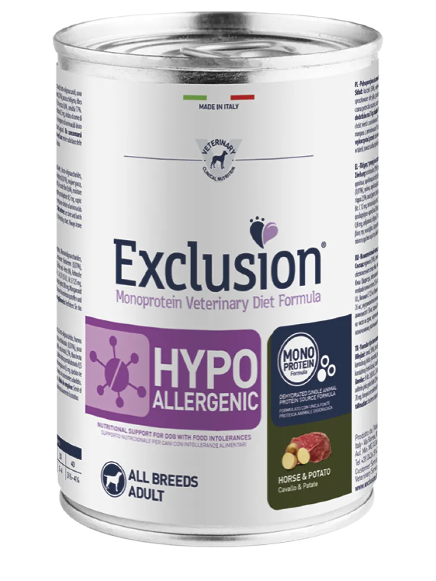 Exclusion Veterinary Diet Formula Hypoallergenic Per Cani Cavallo/Patate Lattina 400gr