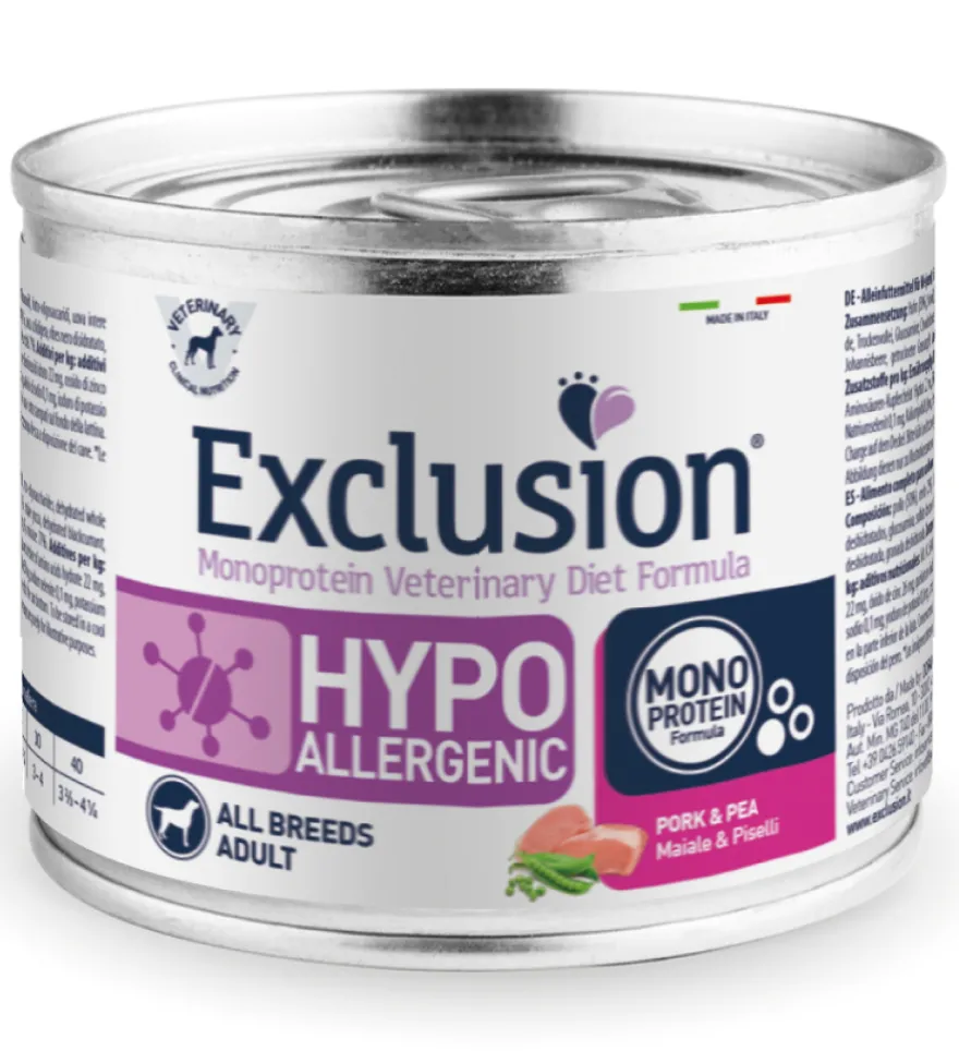 Exclusion Veterinary Diet Formula Hypoallergenic Per Cani Maiale/Piselli Lattina 200gr
