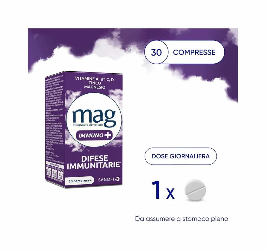 Mag Immuno+ Difese Immunitarie Integratore Alimentare Vitamine e Minerali, Magnesio, Difese Immunitarie, Stanchezza e Affaticamento 30 compresse