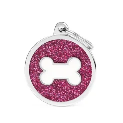Medaglietta Per Cani E Gatti Personalizzata Osso In Alluminio Cerchio Grande Con Glitter Rosa E Osso Bianco