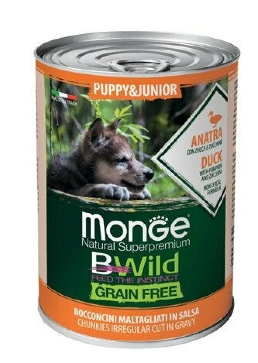 Monge B Wild Grain Free All Breeds Con Anatra Zucca Zucchine Cibo Umido Cani Cuccioli Lattina 400g