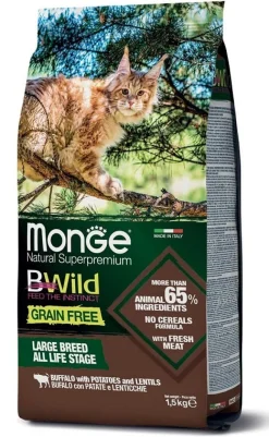 Monge B Wild Grain Free All Life Stage Large Breed Con Bufalo Patate Lenticchie Cibo Secco Gatti Sacco 1,5 Kg