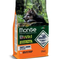 Monge B Wild Grain Free Anatra Con Patate Cibo Secco Per Cani Cuccioli Sacco 2,5 Kg