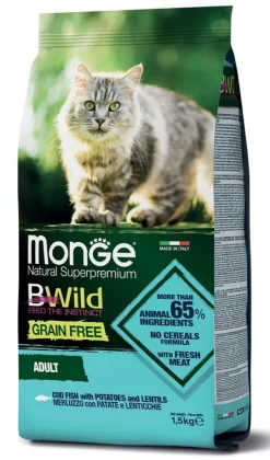 Monge B Wild Grain Free Con Merluzzo Patate Lenticchie Cibo Secco Gatti Adulti Sacco 1,5 Kg