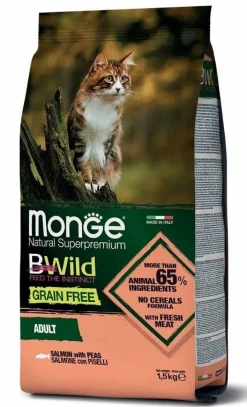 Monge B Wild Grain Free Con Salmone/Piselli Cibo Secco Gatti Adulti Sacco 1,5 Kg