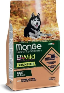 Monge B Wild Grain Free Con Salmone/Piselli Cibo Secco Per Cani Adulti Sacco 2,5Kg