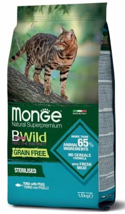 Monge B Wild Grain Free Sterilised Con Tonno e Piselli Cibo Secco Gatti Sterilizzati Sacco 1,5Kg