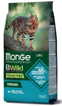 Monge B Wild Grain Free Sterilised Con Tonno e Piselli Cibo Secco Gatti Sterilizzati Sacco 1,5Kg