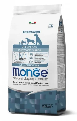 Monge Natural Superpremium All Breeds Trota con Riso e Patate Cibo Secco Cani Cuccioli Sacco 12 Kg