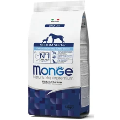 Monge Ricco di Pollo Cibo Secco Per Cani Cuccioli Di Taglia Media Svezzamento Sacco 1,5Kg