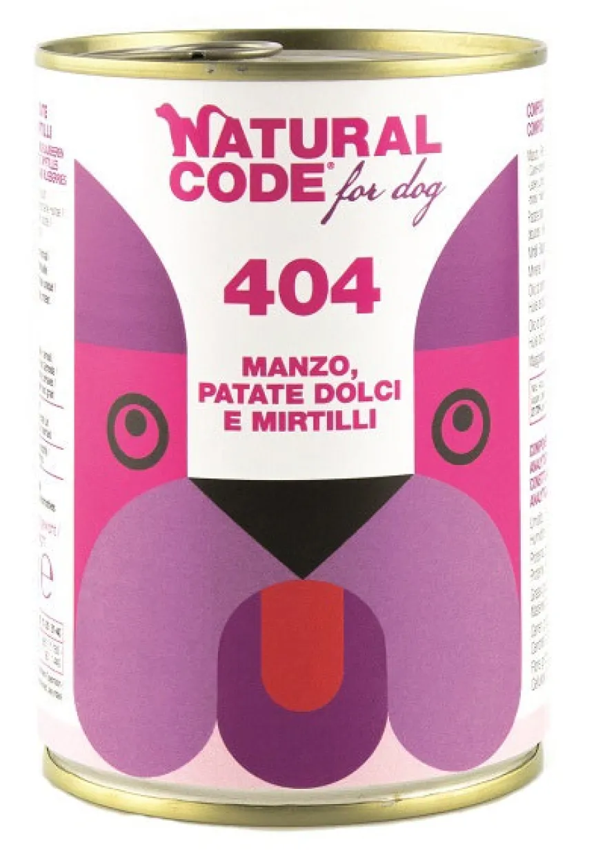 Natural Code 404 Cibo Umido Con Manzo/Patate Dolci/Mirtilli Per Cani Adulti Barattolo 400g