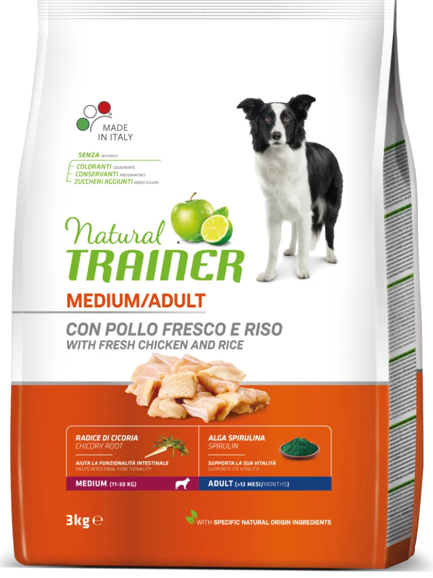 Natural Trainer Crocchette Pollo Fresco/Riso/Alga Spirulina Per Cani Adulti Taglia Media Sacco 3kg