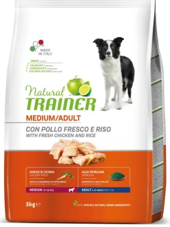 Natural Trainer Crocchette Pollo Fresco/Riso/Alga Spirulina Per Cani Adulti Taglia Media Sacco 3kg