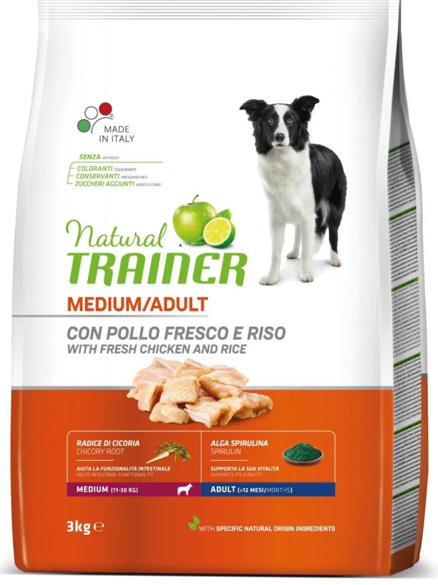 Natural Trainer Crocchette Pollo Fresco/Riso/Alga Spirulina Per Cani Adulti Taglia Media Sacco 3kg