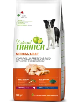 Natural Trainer Crocchette Pollo/Riso/Alga Spirulina Per Cani Adulti Taglia Media Sacco 12kg