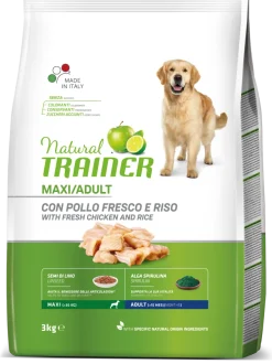 Natural Trainer Crocchette Pollo/Riso/Alga Spirulina Per Cani Adulti Taglia Grande Sacco 3kg