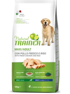Natural Trainer Crocchette Pollo/Riso/Alga Spirulina Per Cani Adulti Taglia Grande Sacco 12kg