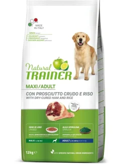 Natural Trainer Crocchette Prosciutto Crudo/Riso Per Cani Adulti Taglia Grande Sacco 12kg