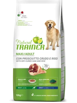 Natural Trainer Crocchette Prosciutto Crudo/Riso Per Cani Adulti Taglia Grande Sacco 12kg