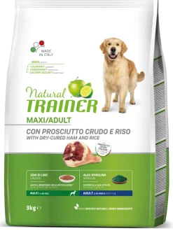 Natural Trainer Crocchette Prosciutto Crudo/Riso Per Cani Adulti Taglia Grande Sacco 3kg