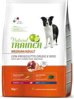 Natural Trainer Crocchette Prosciutto Crudo/Riso Per Cani Adulti Taglia Media Sacco 3kg