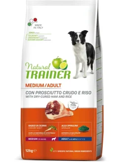 Natural Trainer Crocchette Prosciutto Crudo/Riso Per Cani Adulti Taglia Media Sacco 12kg
