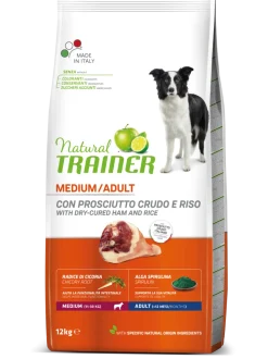 Natural Trainer Crocchette Prosciutto Crudo/Riso Per Cani Adulti Taglia Media Sacco 12kg