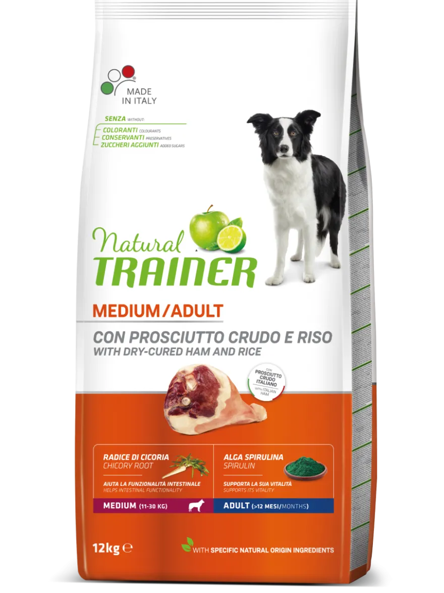 Natural Trainer Crocchette Prosciutto Crudo/Riso Per Cani Adulti Taglia Media Sacco 12kg