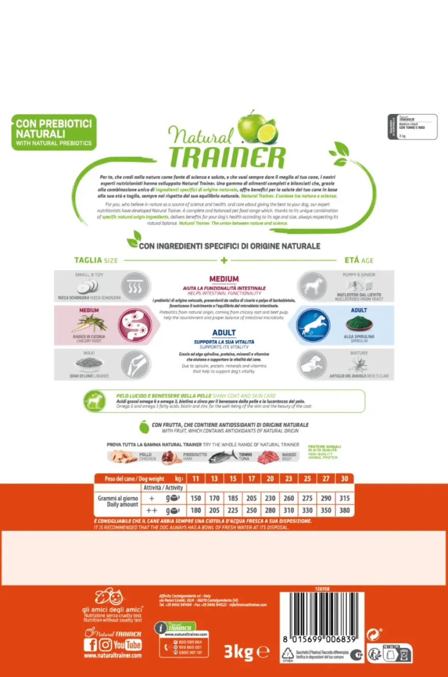 Natural Trainer Crocchette Tonno/Riso Per Cani Adulti Taglia Media Sacco 12 Kg