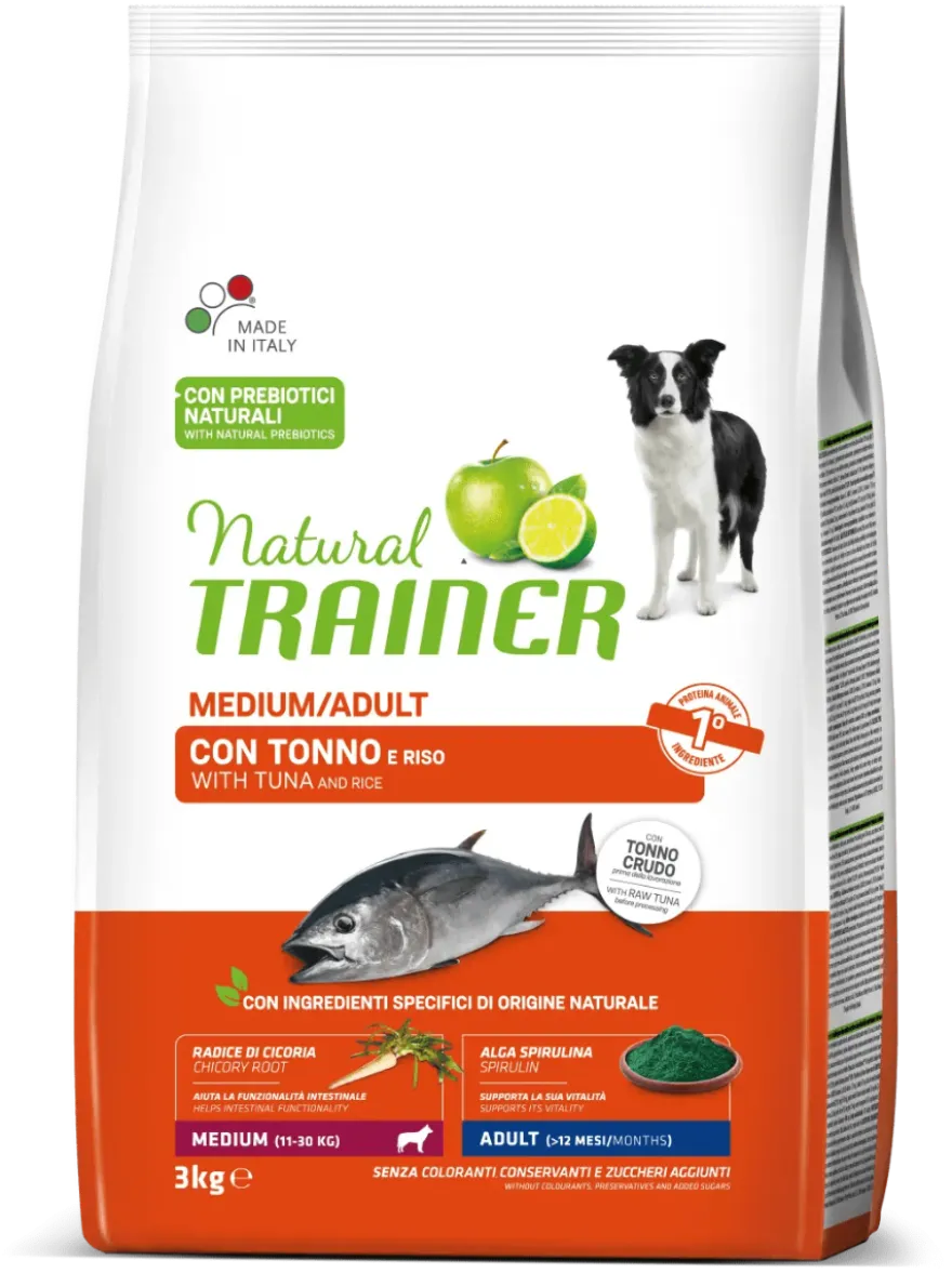 Natural Trainer Crocchette Tonno/Riso Per Cani Adulti Taglia Media Sacco 12 Kg
