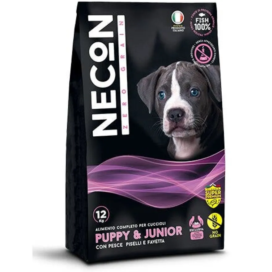 Necon Zero Grain Puppy E Junior Crocchette Pesce E Piselli Per Cani Cuccioli Sacco 12kg