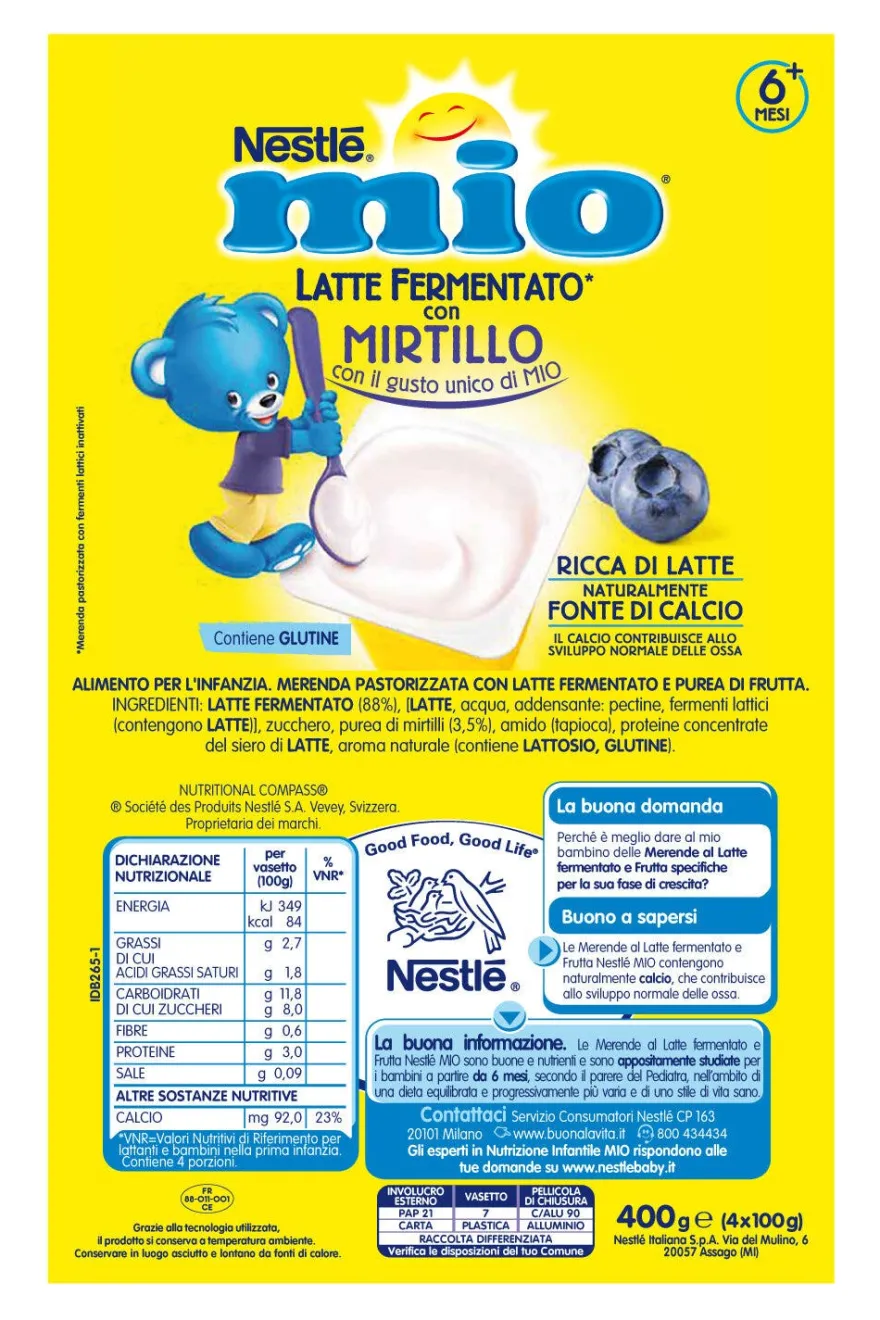 Nestlé Mio Merenda Latte Fermentato Mirtillo 4 Vasetti Da 100g