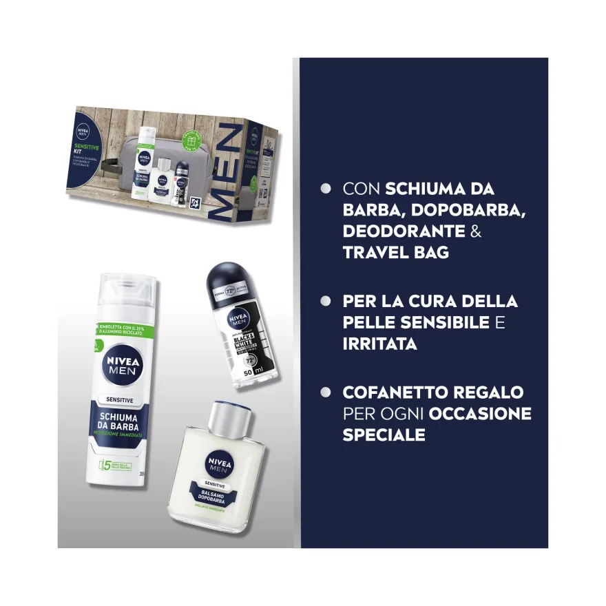 Nivea Men Sensitive Cofanetto Schiuma 200ml + Balsamo 100ml + Deo 50ml + Travel Bag