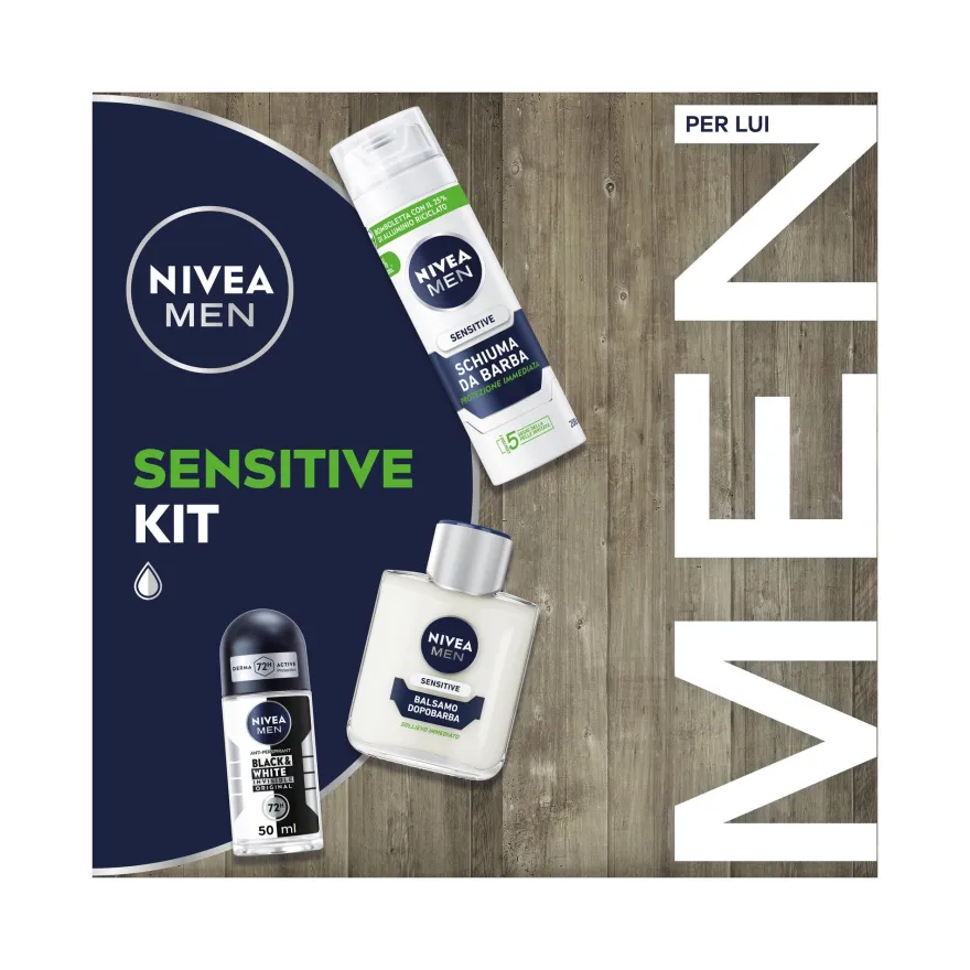 Nivea Men Sensitive Cofanetto Schiuma 200ml + Balsamo 100ml + Deo 50ml + Travel Bag
