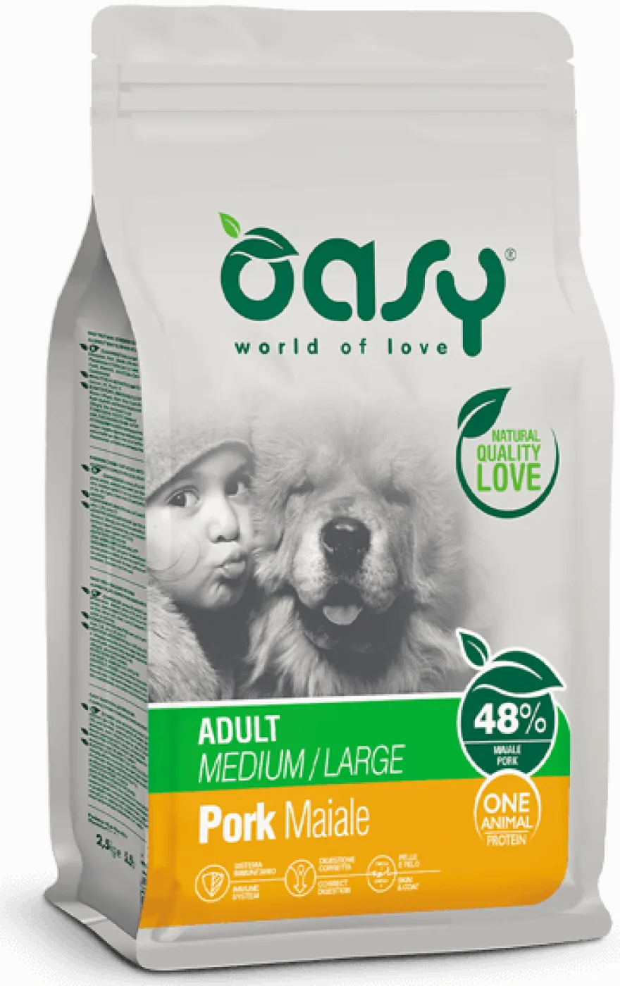 Oasy Dry Crocchette Di Maiale Per Cani Adulti Taglia Media/Grande Sacco 12kg
