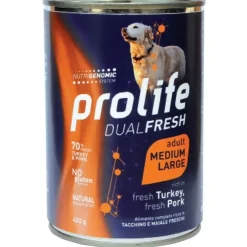 Prolife Dual Fresh Tacchino E Maiale Freschi Cibo Umido Per Cani Adulti Taglia Media/Grande Lattina 400g
