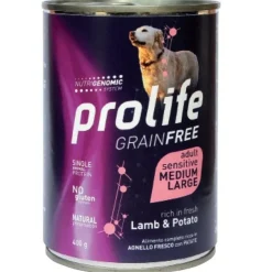 Prolife Grain Free Agnello Fresco Con Patate Cibo Umido Per Cani Adulti Taglia Media/Grande Lattina 400g