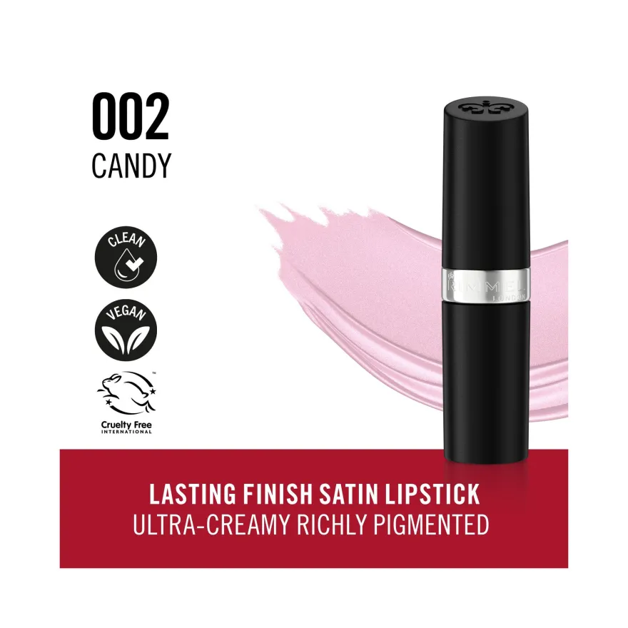 Rimmel Lasting Finish Rossetto Satinato Idratante Formula Vegana 4g 002 Candy