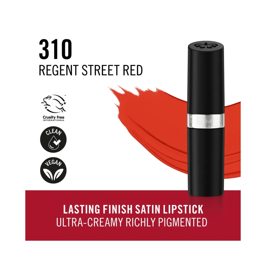 Rimmel Lasting Finish Rossetto Satinato Idratante Formula Vegana 4g 310 Regent Street Red